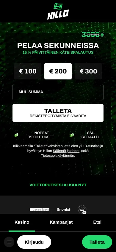 Hillo Casino mobiilissa: talletusikkuna ja pelikategoriat 390 px leveydellä, kuvattu 18.10.2026