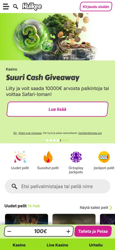 Huikee Kasino puhelimessa: Suuri Cash Giveaway -kampanja, pelikategoriat ja Talleta ja pelaa -kenttä 100 € alapalkissa, kuvattu Suomesta 18.10.2026