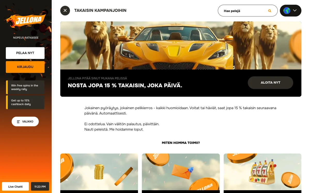 Cashback-sivu: ”Nosta jopa 15 % takaisin, joka päivä” ja säännöt x10 / 1 päivä / 5 €, kuvattu Suomesta 18.10.2026