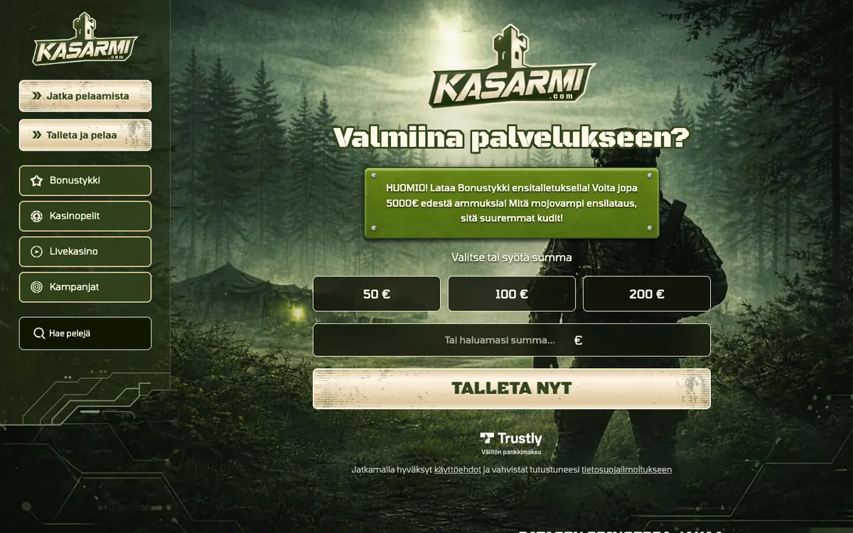 Kasarmin etusivu: Pay N Play -talletusikkuna 50 / 100 / 200 €, Talleta nyt -painike ja Trustly-logo, kuvattu Suomesta 18.10.2026