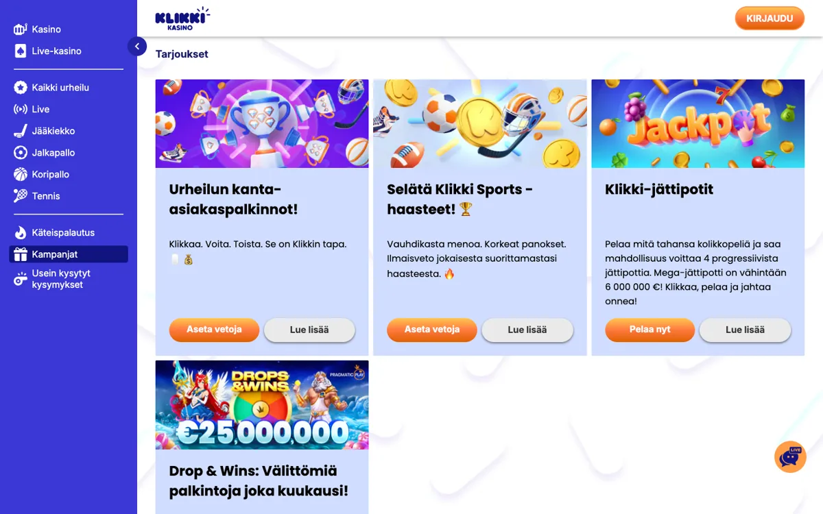 Kampanjasivu 18.10.2026: urheilun kanta-asiakaspalkinnot, Klikki Sports -haasteet, jättipotit ja Drops & Wins – ei tervetuliaisbonusta