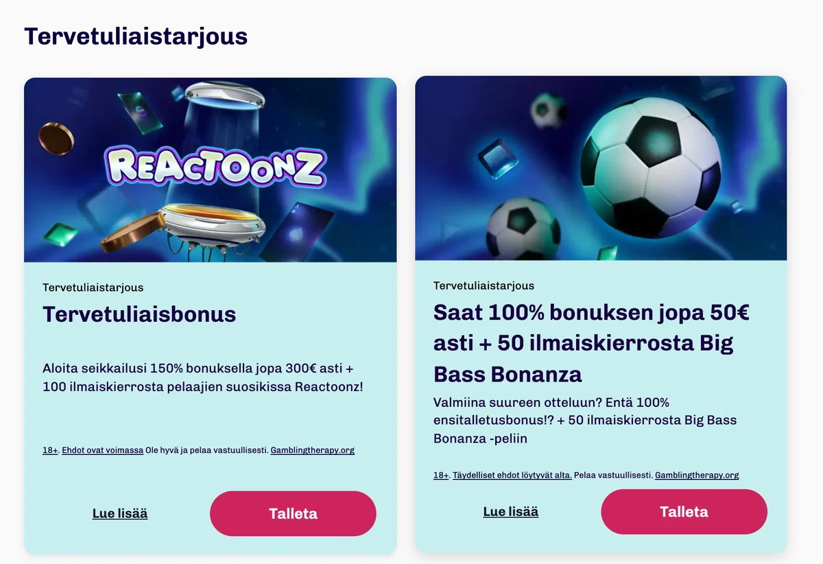 Lumi Kasinon kampanjasivu: tervetuliaisbonus 150 % jopa 300 euroon ja 100 ilmaiskierrosta Reactoonziin sekä toinen tervetuliaistarjous 100 % jopa 50 euroon ja 50 kierrosta Big Bass Bonanzaan, kuvattu Suomesta 18.10.2026