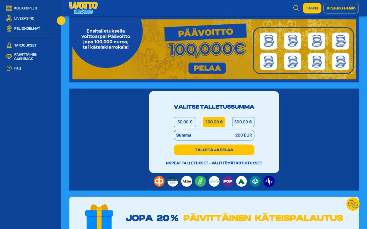 LuottoKasinon etusivu 18.10.2026: Voittoarpa 100 000 €, kassa 50/200/500 € ja pankkien kuvakkeet (Danske Bank, OP, Aktia, S-Pankki, POP, Säästöpankki, Ålandsbanken)