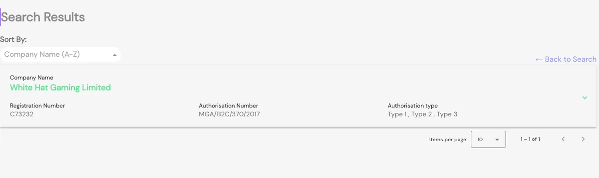 Maltan MGA:n lisenssirekisteri: haku White Hat Gaming Limited, rekisterinumero C73232 ja lupanumero MGA/B2C/370/2017, kuvattu 18.10.2026