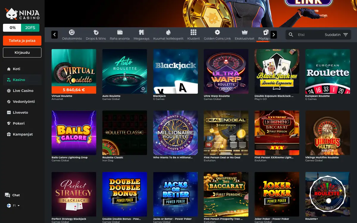 Ninja Casinon Pöytäpelit-aula: Virtual Roulette, Auto Roulette, Blackjack, Double Exposure Blackjack, First Person XXXtreme Lightning Baccarat, Perfect Strategy Blackjack ja videopokerit, kuvattu Suomesta 18.10.2026