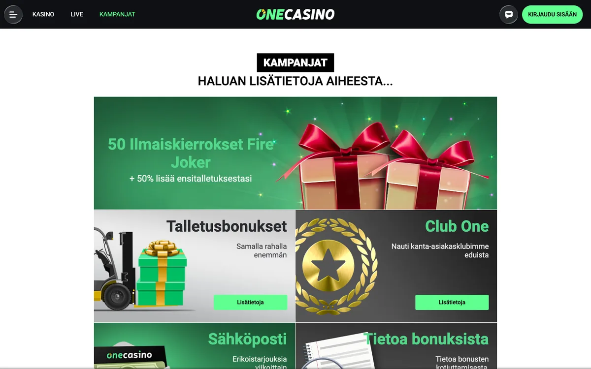 One Casinon kampanjasivu: 50 ilmaiskierrosta Fire Joker + 50 % ensitalletuksesta, Talletusbonukset, Club One, Sähköposti ja Tietoa bonuksista, kuvattu 18.10.2026