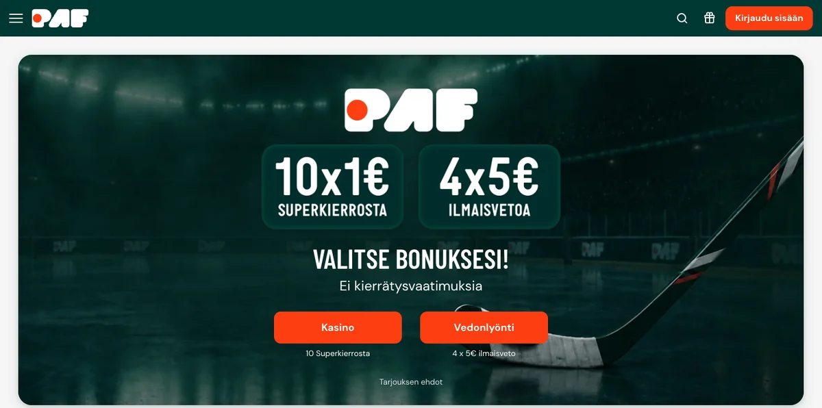 Pafin etusivu: valitse bonuksesi – 10 × 1 € Superkierrosta tai 4 × 5 € ilmaisvetoa ilman kierrätysvaatimuksia, kuvattu Suomesta 17.10.2026