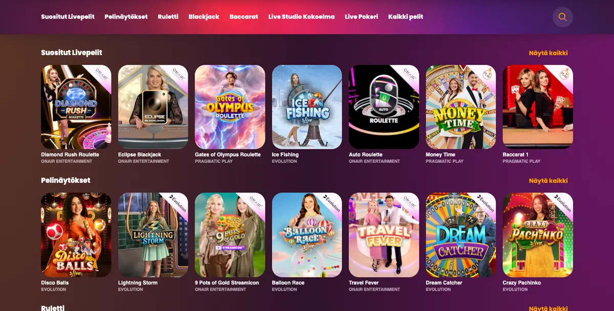 Paratiisin livekasino: suositut livepelit, kuten Diamond Rush Roulette, Eclipse Blackjack, Ice Fishing ja Money Time, sekä pelinäytökset Evolutionilta, Pragmatic Playlta ja OnAirilta, kuvattu Suomesta 18.10.2026