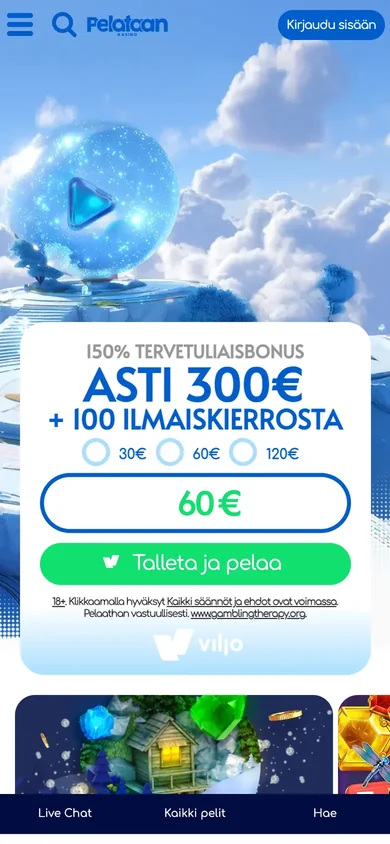 Pelataan puhelimessa: Viljo-talletusikkuna 30/60/120 €, 150 % tervetuliaisbonus jopa 300 € + 100 ilmaiskierrosta, alapalkissa Live Chat, Kaikki pelit ja Hae, kuvattu Suomesta 18.10.2026