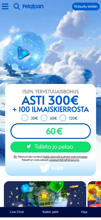 Pelataan mobiilissa: talletusikkuna ja alapalkki (Live Chat, Kaikki pelit, Hae), kuvattu 17.10.2026