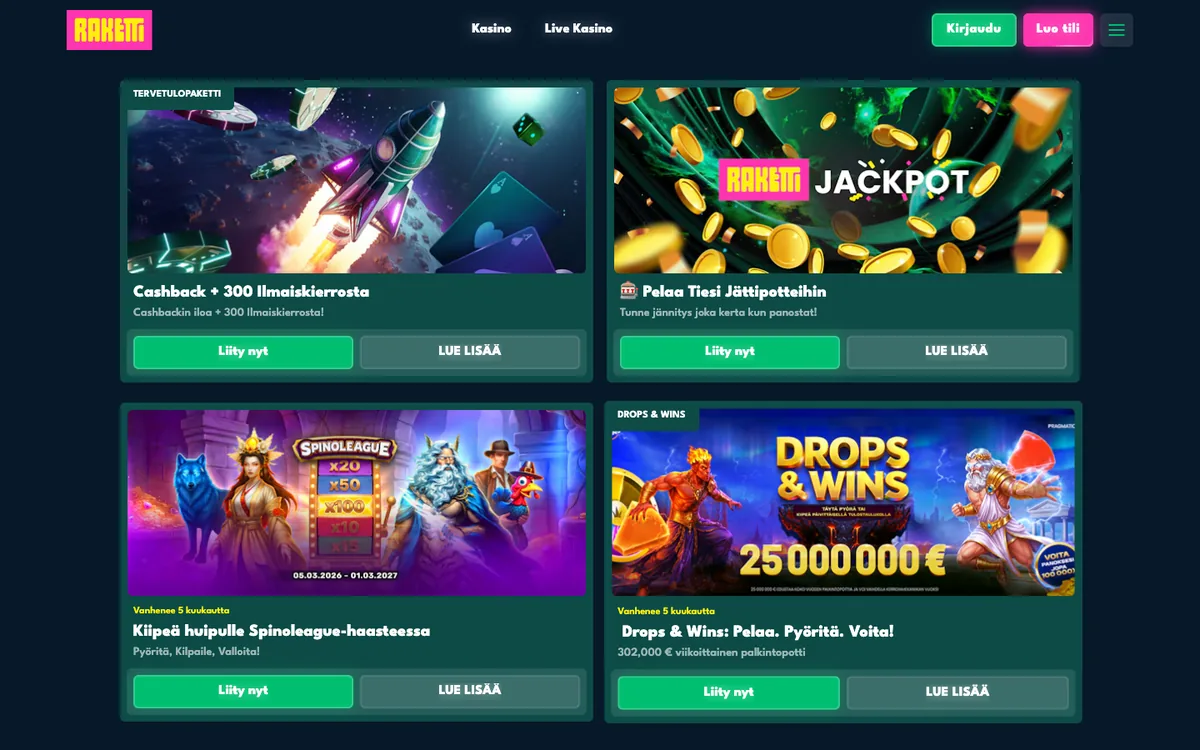 Raketti Casinon kampanjasivu 18.10.2026: Cashback + 300 ilmaiskierrosta, Raketti Jackpot, Spinoleague 5.3.2026–1.3.2027 ja Drops & Wins 302 000 € viikossa