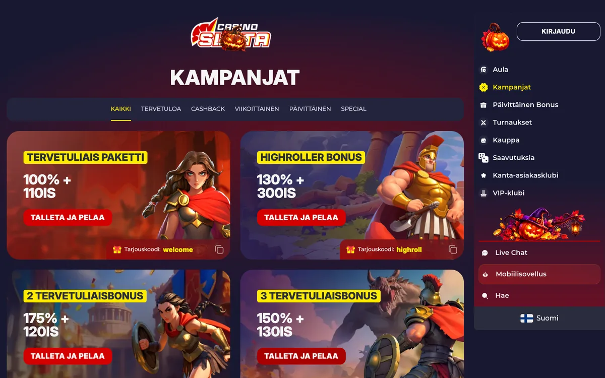 Slotan Kampanjat-sivu: tervetuliaispaketti ja ilmaiskierrokset, koodit welcome ja highroll, kuvattu Suomesta 18.10.2026