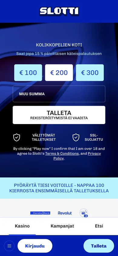 Slotti Casino mobiilissa: talletusikkuna ja pelikategoriat 390 px leveydellä, kuvattu 18.10.2026