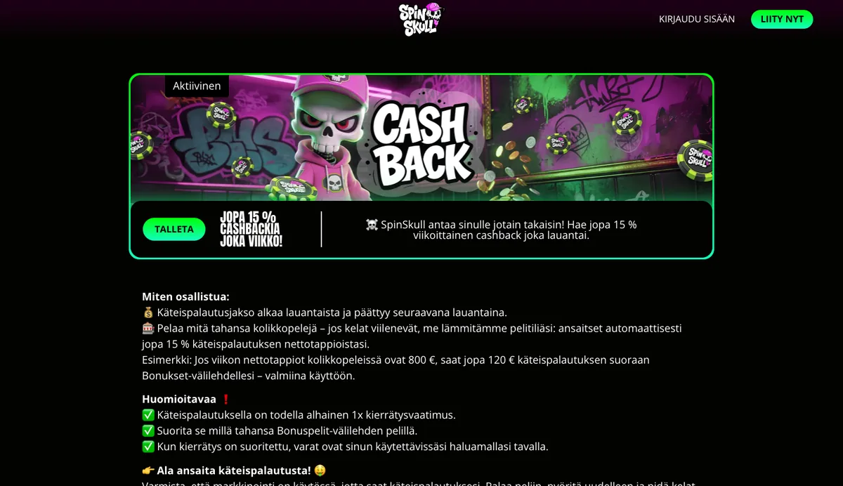 SpinSkullin cashback-sivu: jopa 15 % viikoittainen käteispalautus ja 1x-kierrätys, kuvattu Suomesta 17.10.2026