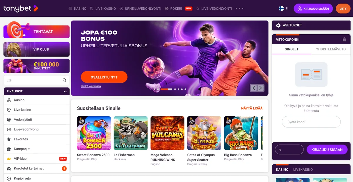 TonyBetin etusivu: urheilun tervetuliaisbonus jopa 100 €, pikalinkit ja vetokuponki, kuvattu Suomesta 17.10.2026