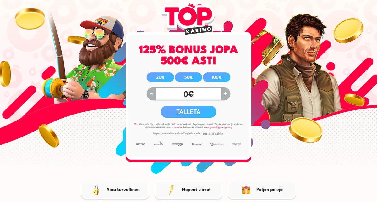 Topkasinon etusivu: 125 %:n bonus jopa 500 euroon, talletuskenttä 20, 50 ja 100 euron summille ja teksti ”Nopeat ja turvalliset maksut Zimplerin avulla”, kuvattu Suomesta 18.10.2026