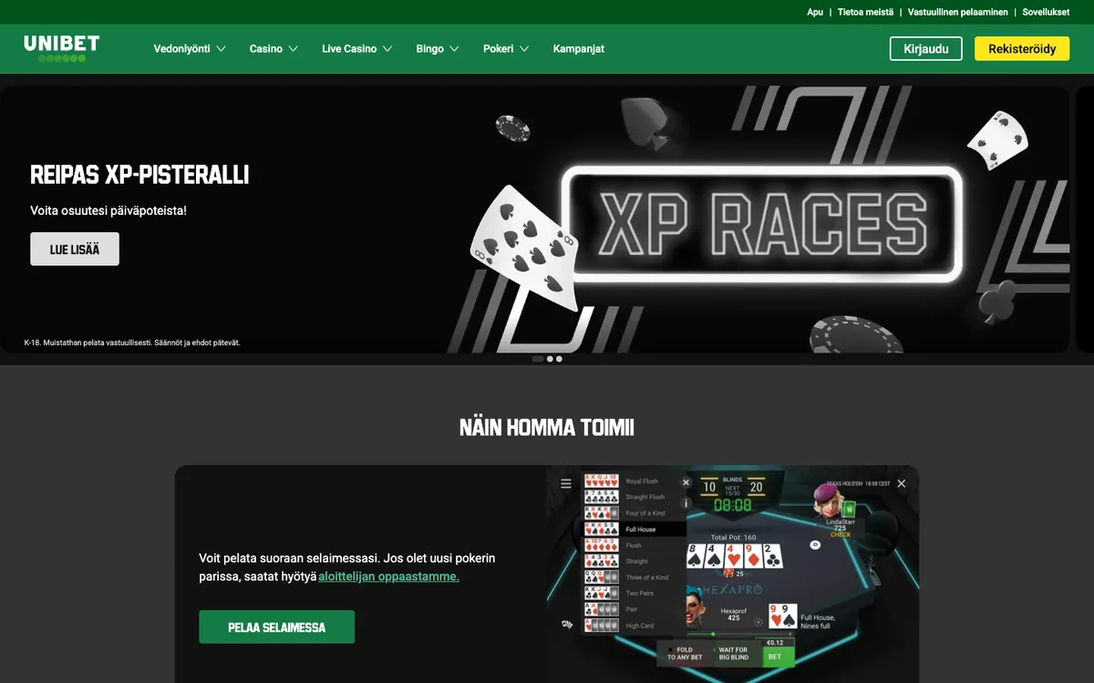 Unibetin pokerisivu (fi.unibet.com/poker) ja XP-pisteralli-kampanja, kuvattu Suomesta 17.10.2026