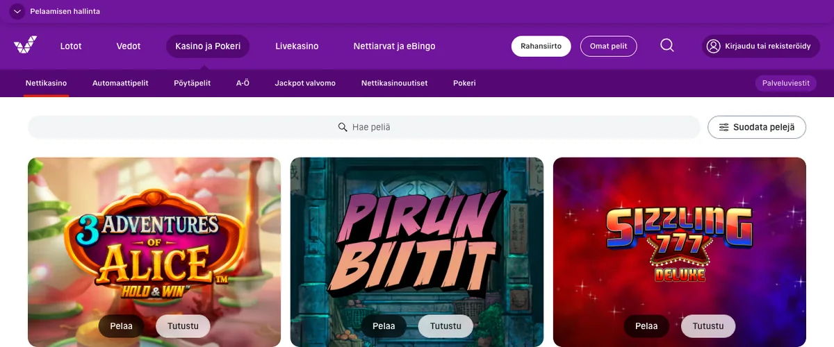 Veikkauksen nettikasino: pelien Pelaa- ja Tutustu-painikkeet 3 Adventures of Alice, Pirun Biitit ja Sizzling 777 Deluxe -peleissä sekä kirjautuminen – demopeli ilman rahaa, kuvattu Suomesta 18.10.2026