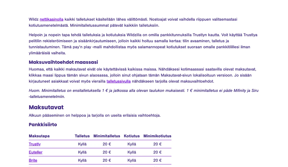 Wildzin maksutapasivu: ensitalletus 1 €, Trustly-, Euteller- ja Brite-talletukset ja -kotiutukset vähintään 20 €, kuvattu Suomesta 18.10.2026