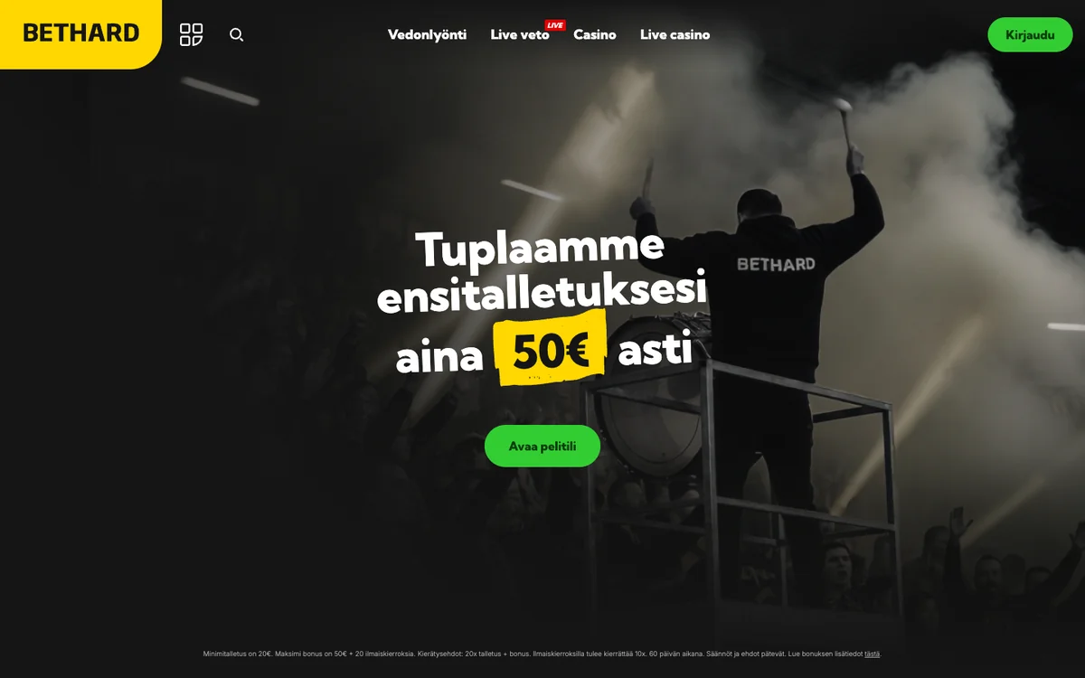 Bethardin etusivu: ensitalletuksen tuplaus 50 euroon asti ja bonusehdot alareunassa, kuvattu Suomesta 17.10.2026