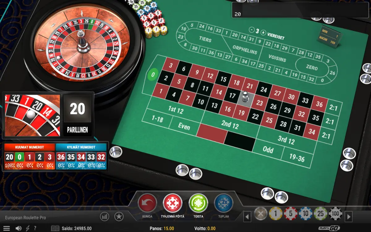European Roulette Pron tulos: pallo pysähtyi numeroon 20, kaikki kolme vetoa hävisivät, ja Kuumat numerot -tilasto näyttää numerolle 20 osuuden 100 % yhden kierroksen jälkeen, kuvattu 18.10.2026