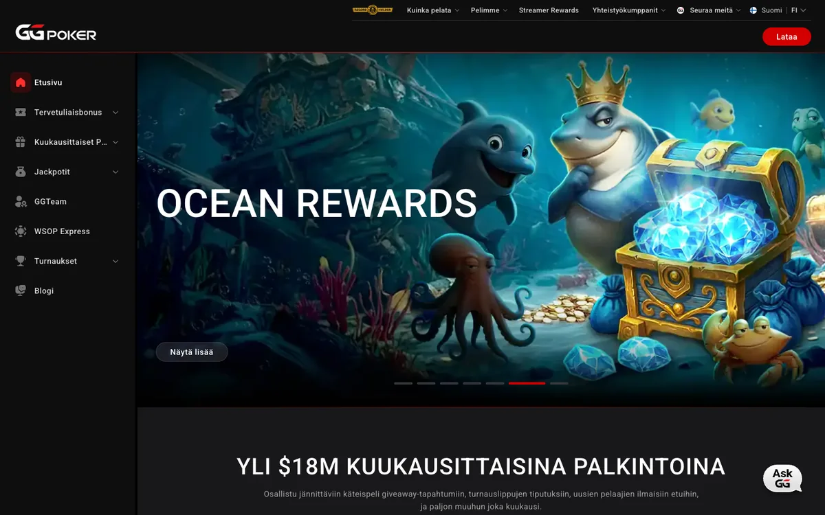 GGPokerin suomenkielinen etusivu (fi.ggpoker.eu) ja lokakuun palkintokampanja, kuvattu Suomesta 17.10.2026
