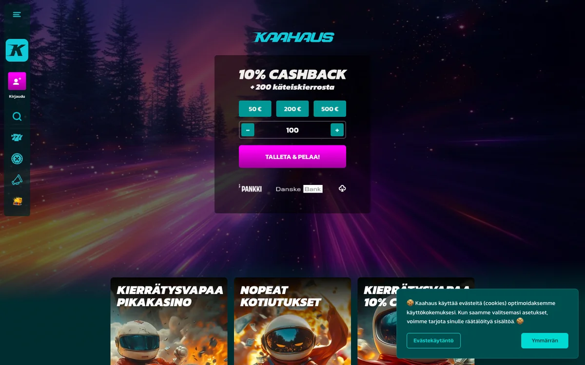 Kaahauksen etusivu: 10 % cashback + 200 käteiskierrosta, pikasummat 50/200/500 €, kierrätysvapaa pikakasino, kuvattu Suomesta 18.10.2026