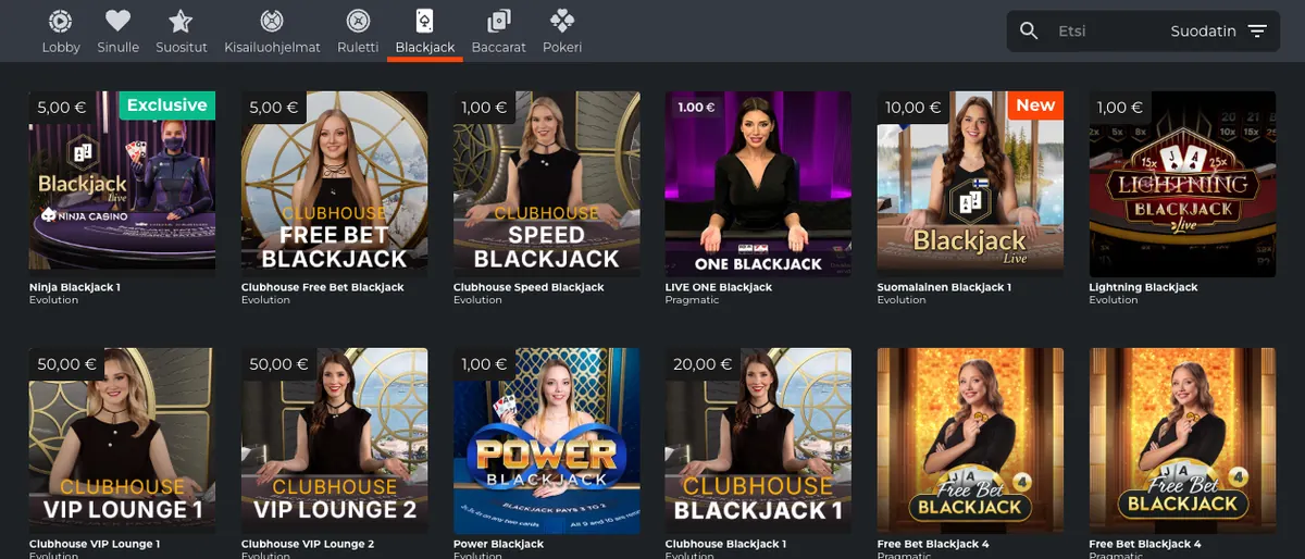 Ninja Casinon blackjack-aula: pöytien pienimmät panokset 1 eurosta 50 euroon, kuvattu Suomesta 17.10.2026