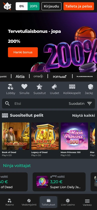 Ninja Casino puhelimessa: Talleta ja pelaa -painike, vedonlyönnin tervetuliaisbonus jopa 200 %, pankkirivi ja alapalkin Talletukset, kuvattu Suomesta 18.10.2026