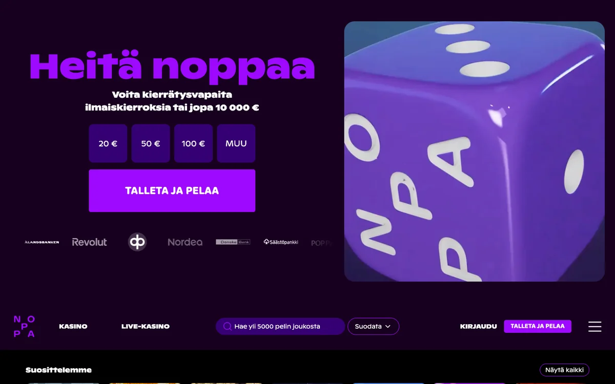 Nopan etusivu: Talleta ja pelaa 20 / 50 / 100 €, kierrätysvapaita ilmaiskierroksia, pankkilogot, kuvattu Suomesta 18.10.2026