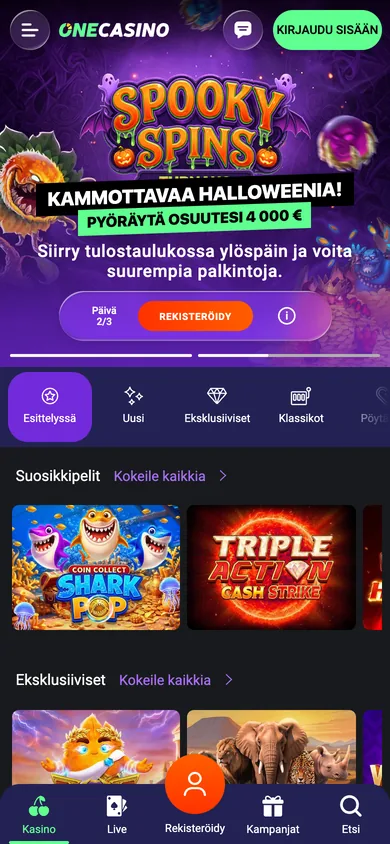 One Casino mobiilissa: etusivun tarjous 50 ilmaiskierrosta ja pelikategoriat 390 px leveydellä, kuvattu 18.10.2026