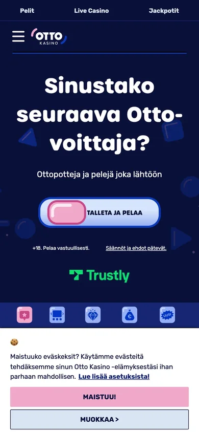 Otto Kasino puhelimessa: Talleta ja pelaa -painike Trustlyllä ilman rekisteröitymistä, kuvattu Suomesta 18.10.2026