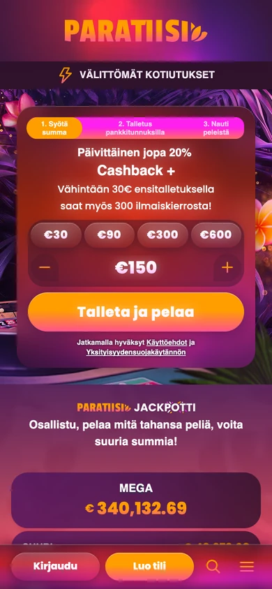 Paratiisi puhelimessa: talletusikkuna kolmessa vaiheessa, pikasummat 30–600 € ja Talleta ja pelaa -painike, kuvattu Suomesta 18.10.2026