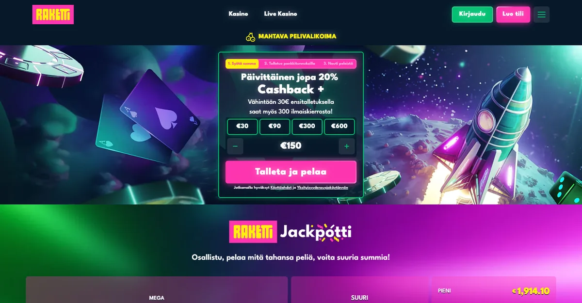 Raketti Casinon etusivu: oma Raketti Jackpotti neljällä tasolla Mega 339 144 €, Suuri 42 490 €, Pieni 1 914 € ja Mini 86 €, kuvattu Suomesta 18.10.2026