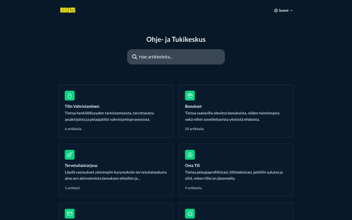 Raketti-kasinon tukisivu nostorajoista, kuvattu Suomesta 18.10.2026