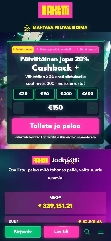 Raketti Casino mobiilissa: cashback-tarjous, talletusikkuna pikasummilla ja alapalkki Kirjaudu / Luo tili, 390 px, kuvattu 18.10.2026