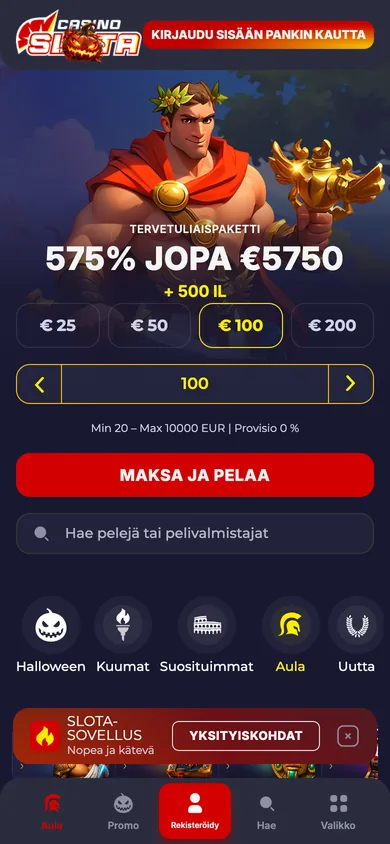 Slotan etusivu puhelimessa (390 px): tervetuliaispaketti 575 % jopa 5 750 € + 500 ilmaiskierrosta, pikasummat 25–200 €, talletus 20–10 000 € ilman kulua ja MAKSA JA PELAA -painike, kuvattu Suomesta 18.10.2026