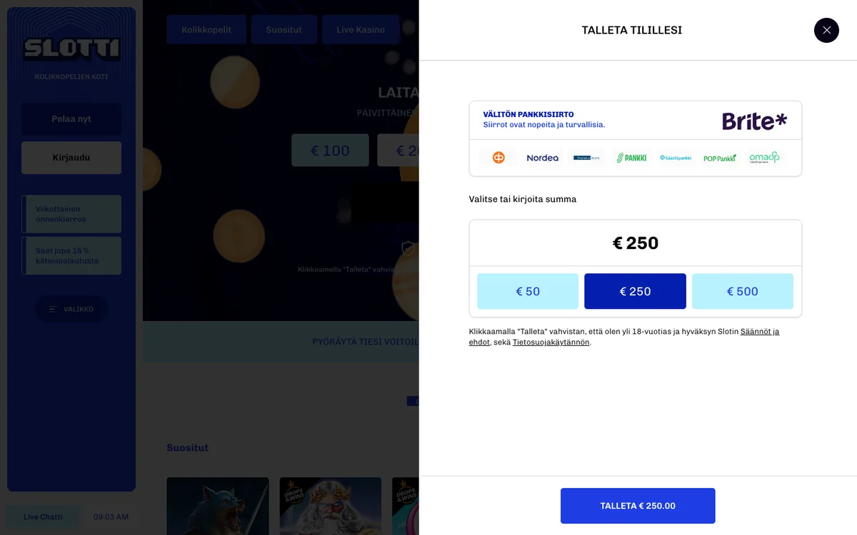 Slotti Casinon talletusikkuna ”Välitön pankkisiirto”: summat 50 / 250 / 500 € ja Talleta-painike, kuvattu Suomesta 18.10.2026