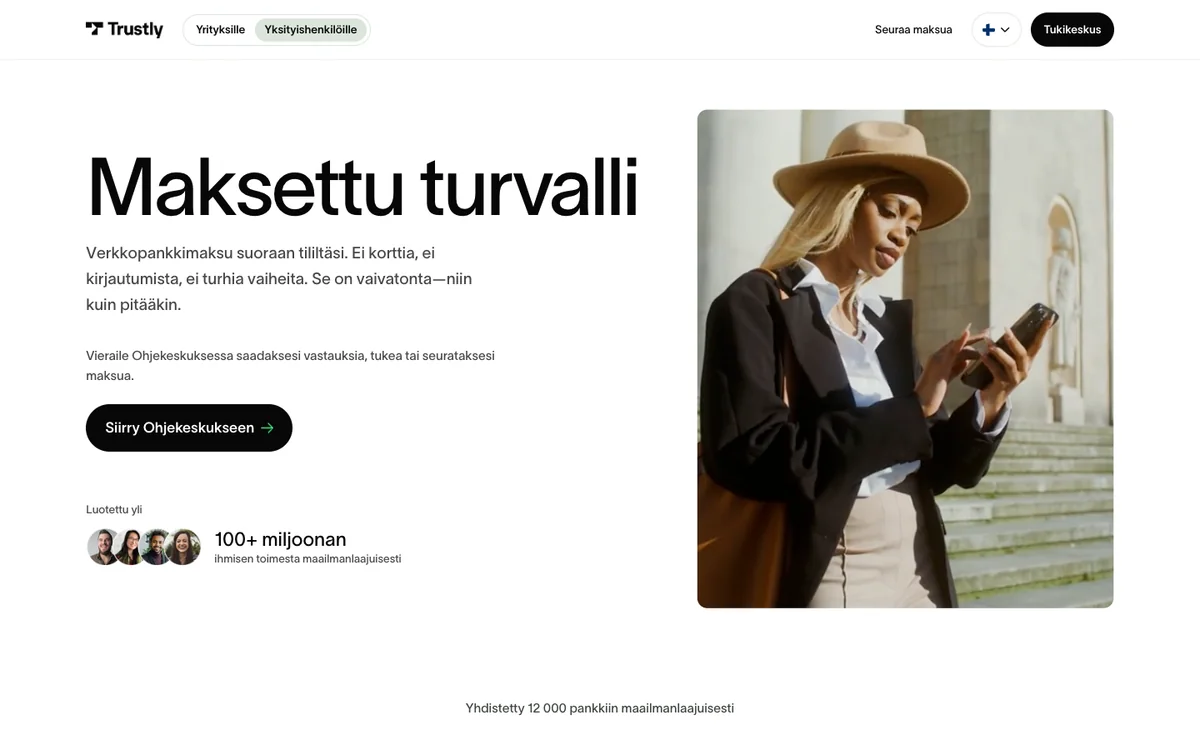 Trustly.com suomeksi: kuluttajasivu maksamisesta pankkitunnuksilla, kuvattu 18.10.2026