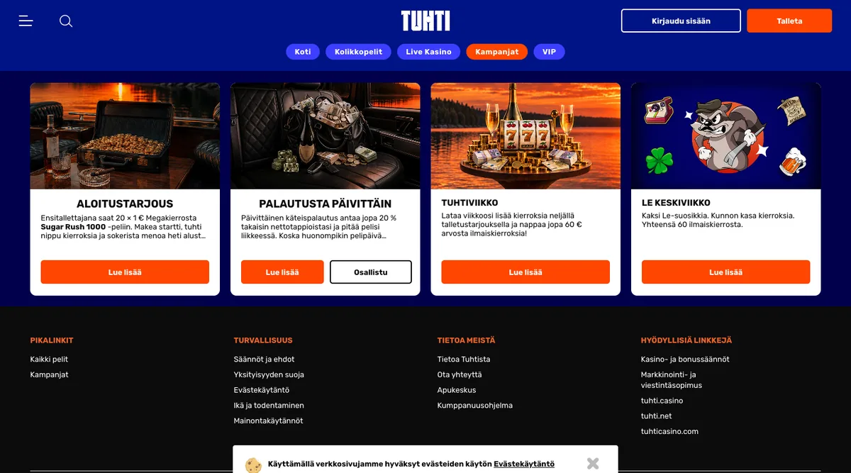 Tuhdin kampanjasivu: aloitustarjous 20 × 1 € kierrosta, päivittäinen palautus ja Tuhtiviikon jopa 60 euron kierrokset, kuvattu Suomesta 17.10.2026