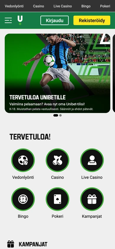 Unibetin mobiilietusivu 390 × 844 pikseliä 18.10.2026: Kirjaudu- ja Rekisteröidy-painikkeet, Tervetuloa Unibetille -banneri ja pikavalinnat Vedonlyönti, Casino, Live Casino, Bingo, Pokeri ja Kampanjat