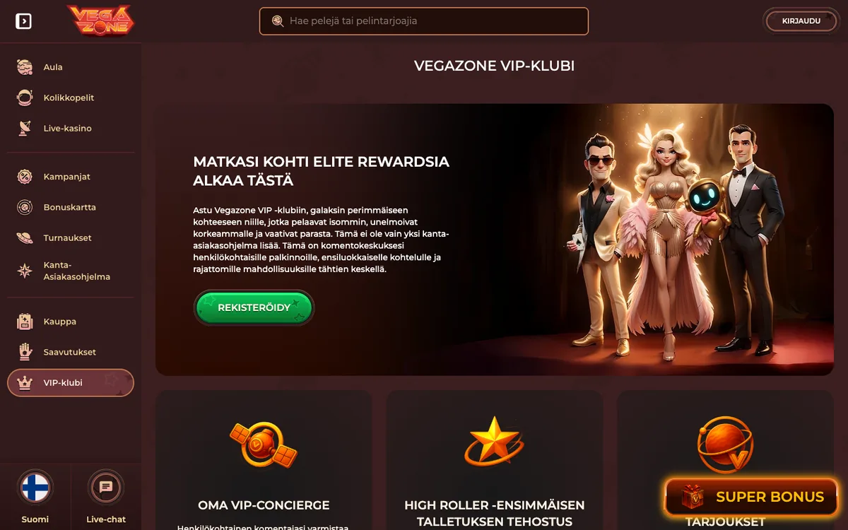 VegaZonen VIP-klubin sivu: oma VIP-concierge, High Roller -tehostus ja tarjoukset, kuvattu 18.10.2026
