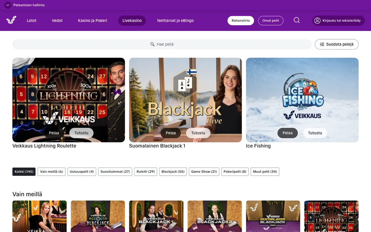 Veikkauksen livekasinon aula: Veikkaus Lightning Roulette, Suomalainen Blackjack 1 ja suodattimet Kaikki (145), Ruletti (29), Blackjack (55), Game Show (21), kuvattu Suomesta 18.10.2026