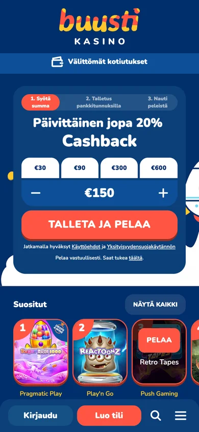 Buusti Kasino puhelimessa: välittömät kotiutukset, talletusikkuna kolmessa vaiheessa, päivittäinen jopa 20 % cashback ja pikasummat 30–600 €, kuvattu Suomesta 18.10.2026