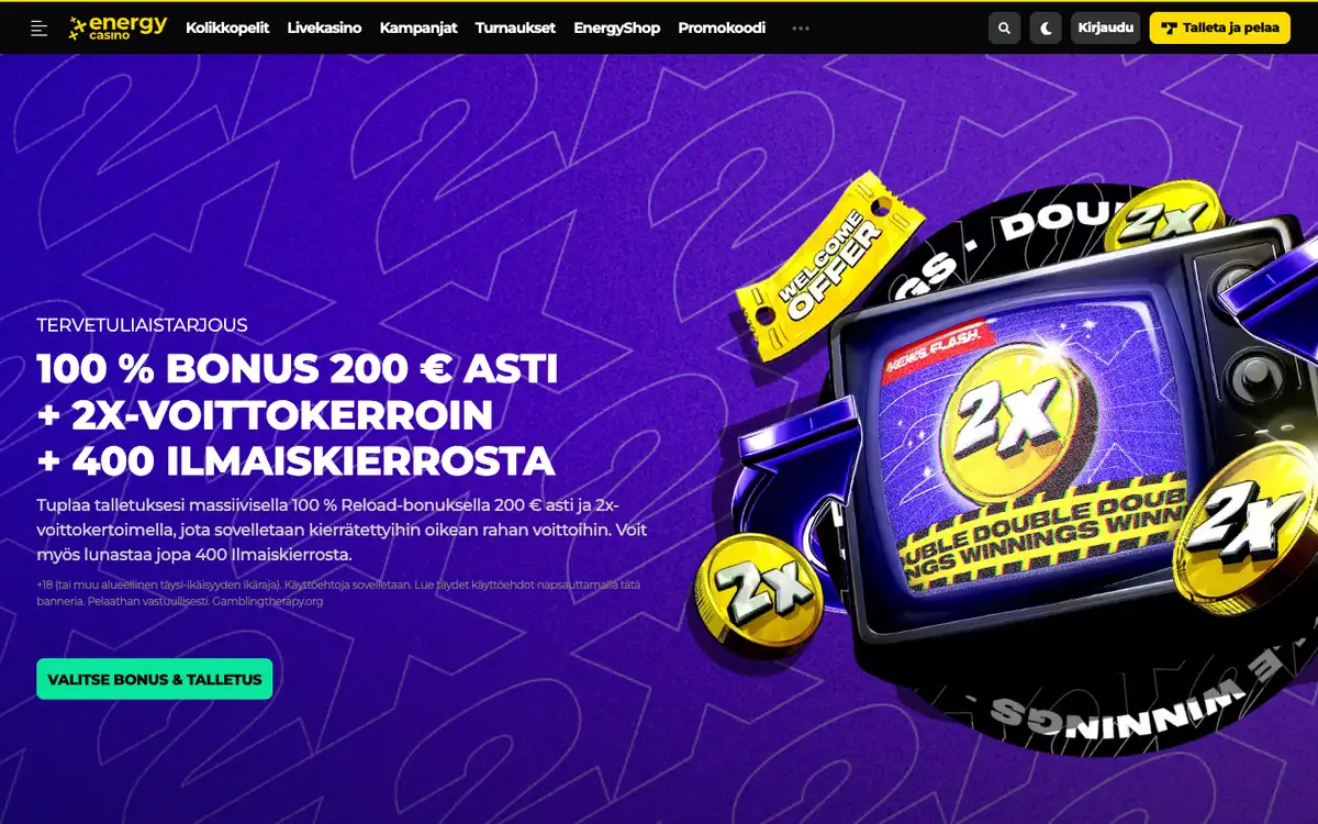 EnergyCasinon tervetuliaistarjous 100 % jopa 200 €: oma raha pelataan ensin, mutta kierrätys 25× lasketaan talletuksesta ja bonuksesta, kuvattu Suomesta 18.10.2026