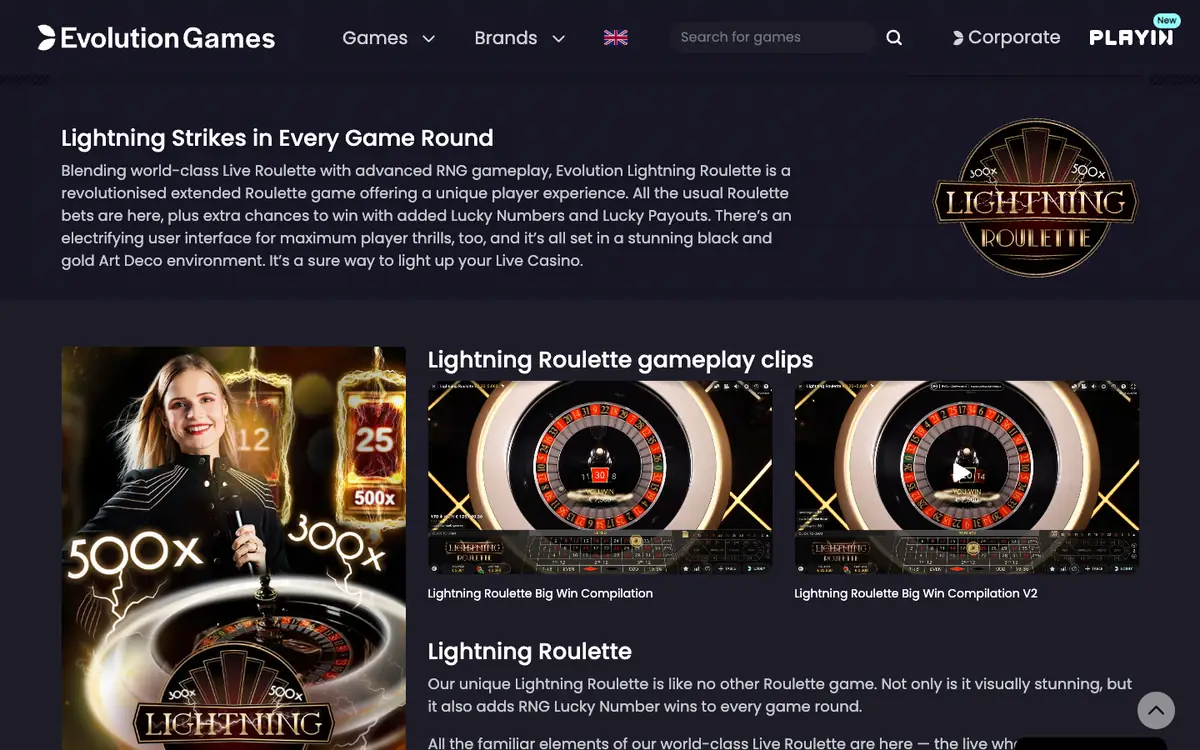 Evolutionin Lightning Roulette -pelin esittelysivu: onnennumerot ja 500× kerroin, luettu 18.10.2026