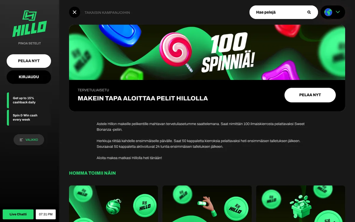 Hillon tervetuliaisetu: 100 ilmaiskierrosta Sweet Bonanzaan kahdessa erässä ensitalletuksen jälkeen, kuvattu Suomesta 17.10.2026