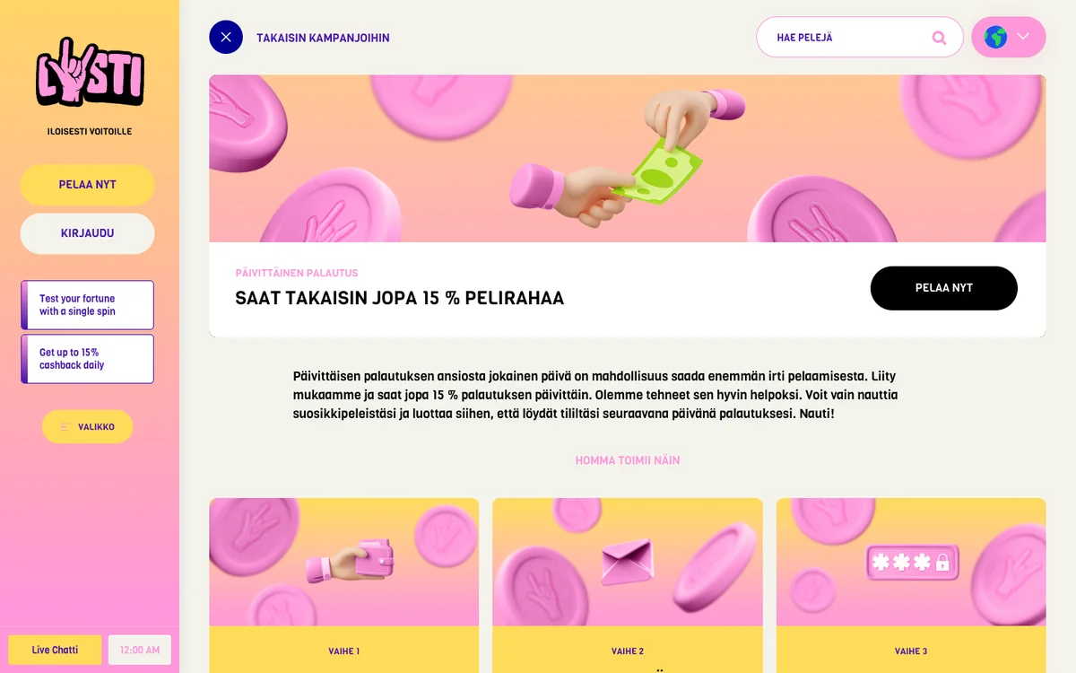 Lystin cashback-sivu: saat takaisin jopa 15 % pelirahaa päivittäin, kuvattu Suomesta 18.10.2026