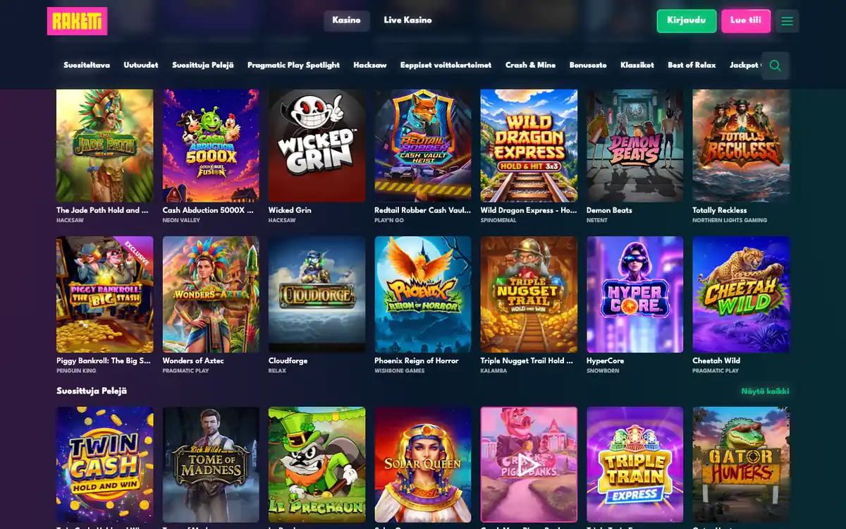 Raketti Casinon peliaula: hyllyt Suositeltava, Uutuudet, Pragmatic Play Spotlight, Hacksaw, Crash & Mine, Bonusosto ja pelit studioittain, kuvattu 18.10.2026