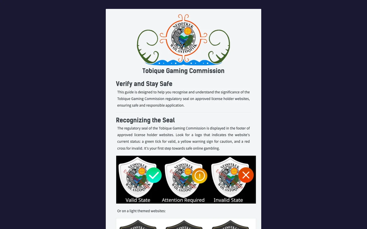 Tobique Gaming Commissionin tarkistussivu, kuvattu 18.10.2026